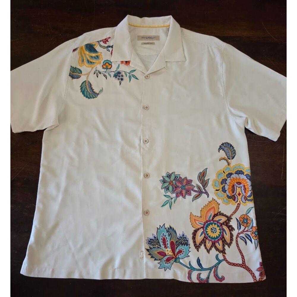 Tommy Bahama embroidered silk camp shirt Large